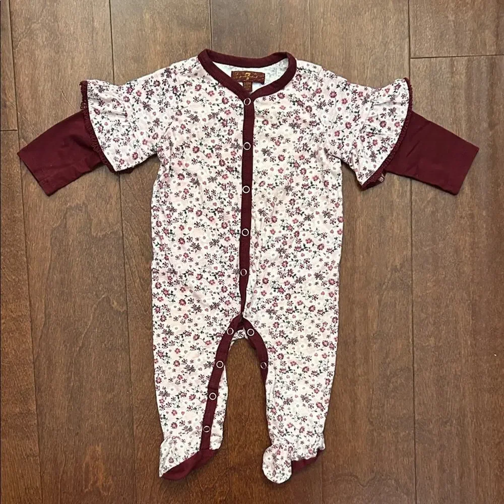 7 For All Mankind Floral Burgundy Kids Footie One Piece, Size 3-6 Months
